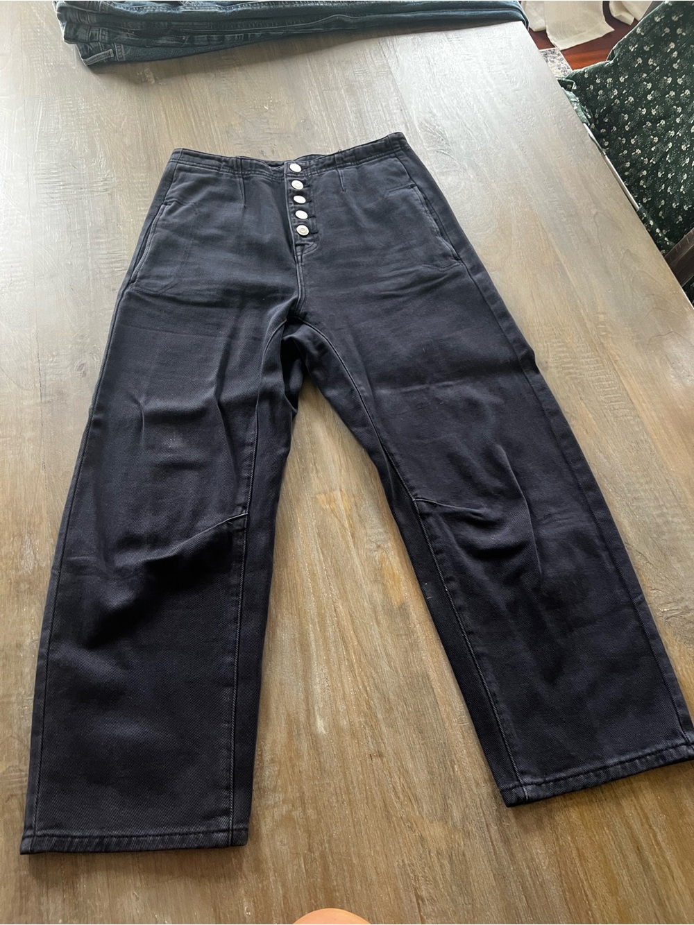 High-Waist Button-Front Barrel Navy Jeans